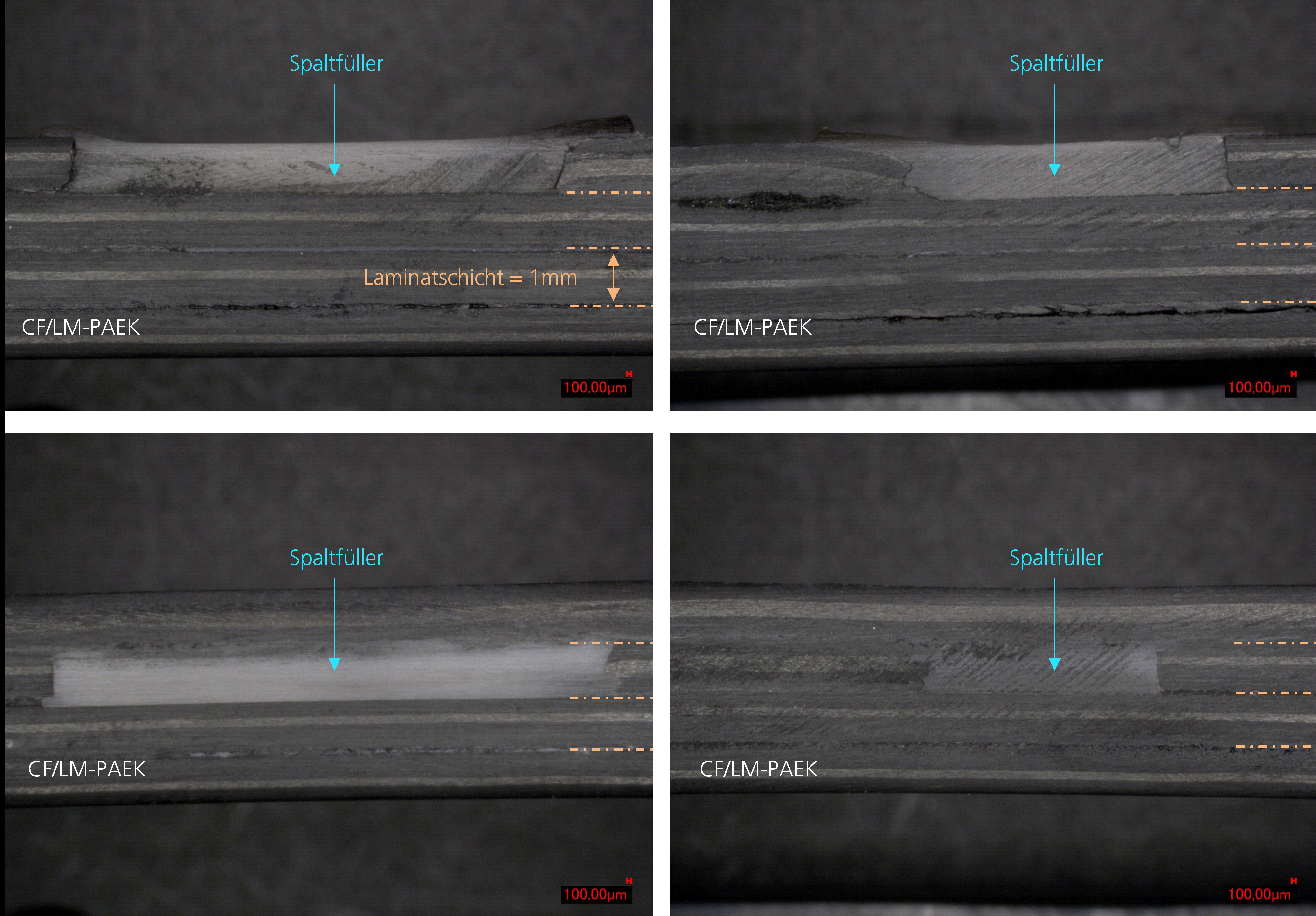 Schliffbilder einer geschweißten thermoplastischen FVK-Probe mit automatisiert präzise gefülltem Spalt. 